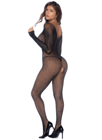 Combinaison noire en résille ornée de strass - MAL1131BKRH